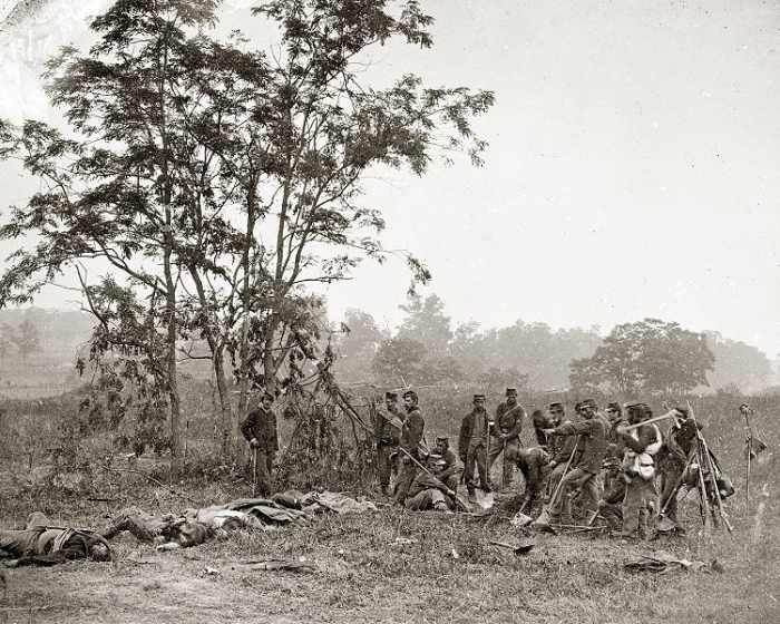 A burial detail at the Antietam battlefield poses for a photograph before it inters deceased comrades