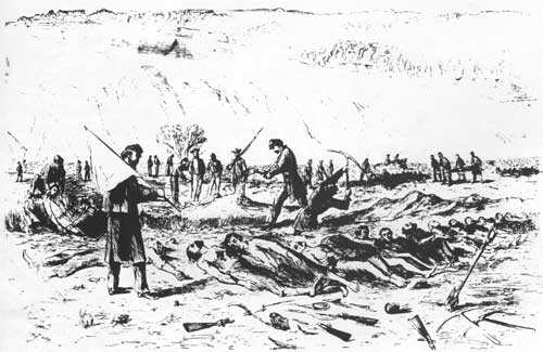 Sketch - Union troops dig a burial trench for their slain comrades under a flag of truce, with enemy artillery at watch on the hill. Note the scavenged condition of the corpses