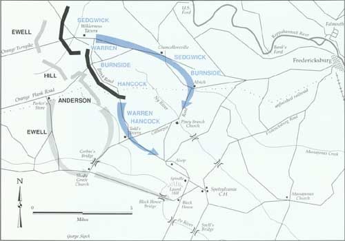 Map of a strategic movement after the stalemate of the Battle of the Wilderness; Union forces disengaged, abandoned the Wilderness battlefield, and attempted to reach a position to the southeast to threaten the enemy flank