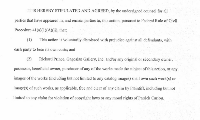 Richard Prince's side of the settlement agreement. Notice how detailed it is compared to Cariou's. Looks like he has a lot more to be worried about and put it all in writing.