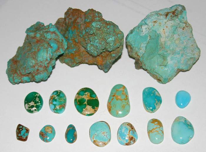 Untreated turquoise, Nevada USA. Rough nuggets from the McGinness Mine, Austin, Nevada; Blue and green cabochons showing spiderweb, Bunker Hill Mine, Royston
