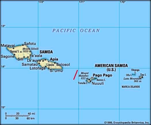 Map showing the location of American Samoa and the independent islands of Western Samoa (officially known as 'Samoa') in the Pacific Ocean