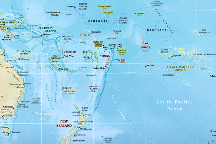 Map of Oceania showing the location of Lord Howe Island off Australia's east coast - Lord Howe island follows UTC + 10:30 as standard time and UTC + 11:00 during Daylight Savings