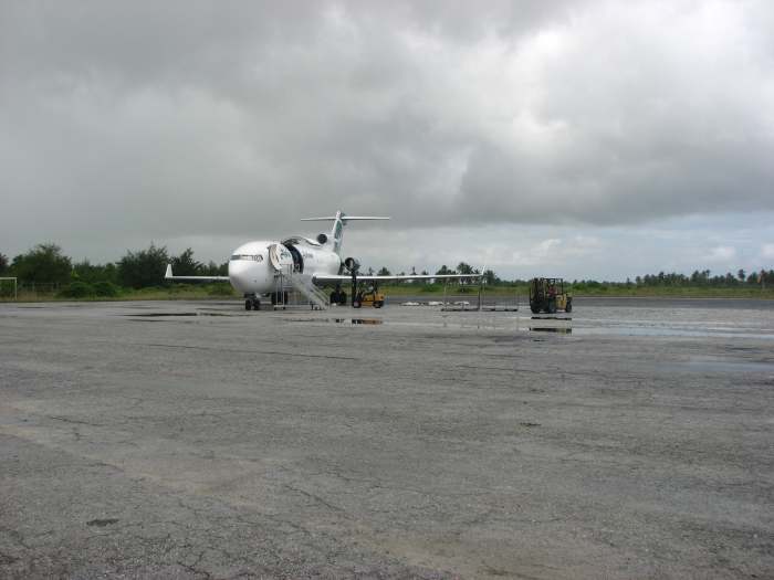 An Asia Pacific Airlines Boeing 727-200Freighter parked at Cassidy International Airport at Kiritimati (Rough co-ordinates are 1 Degree North and 157 Degrees West)