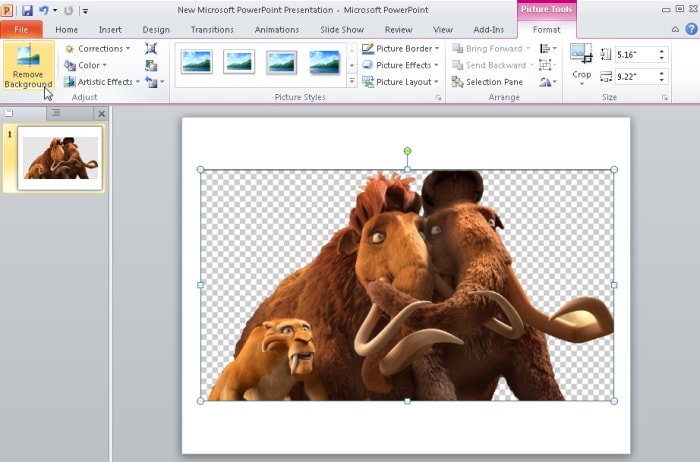 Click on the image to get formatting options of removing background on the top right corner of the top toolbar under picture tools