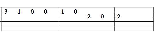 How to read tablature. The sixth string (low E) is on the bottom. The numbers are the frets. For example, the 3 on the second line from the top means to place your finger on the second string on the third fret. 0 means open string