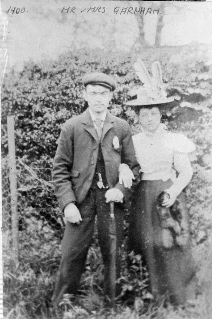 My grandma Ivy Trigg's parents, Albert and Laura Garnham (nee Tomlinson) in their youth in 1900. I feel this is their wedding day on 4th August, as they are both dressed up and someone has written on it: "Mr and Mrs Garnham, 1900".