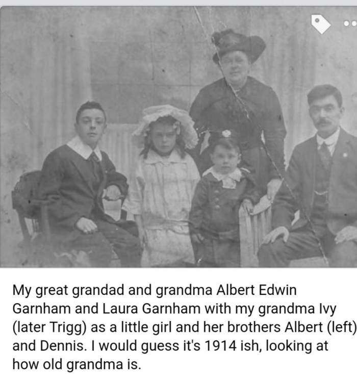 Garnham family photo, showing my grandma as a young girl with her brothers. This was before their sister Madge was born.