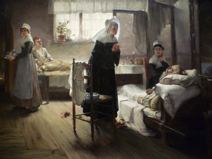 Evangeline Discovering Her Affianced in the Hospital, c. 1889, painting by Samuel G. Richards (1853â1893)