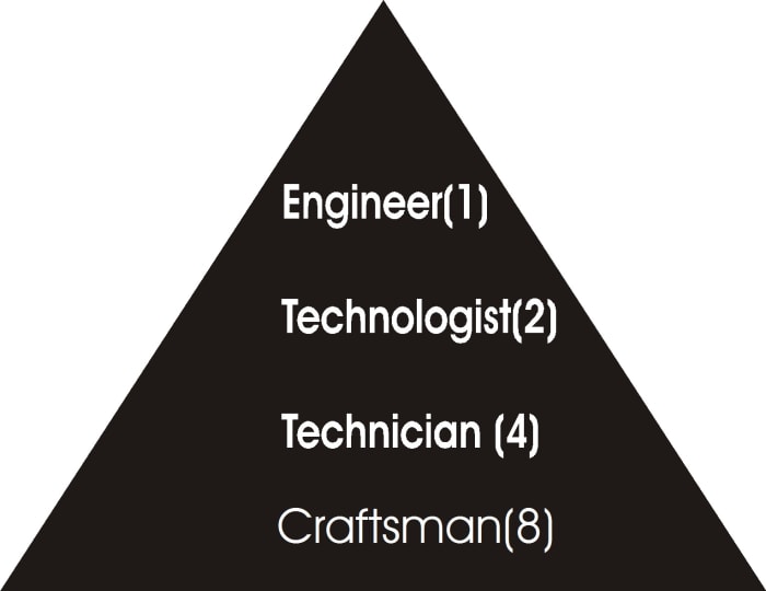 Pyramidal Hierarchy of Engineering Family. The hierarchy was designed by the author.The number shows that where there is 1 engineer, you 2 technologists, 4 technicians and 8 craftsmen.