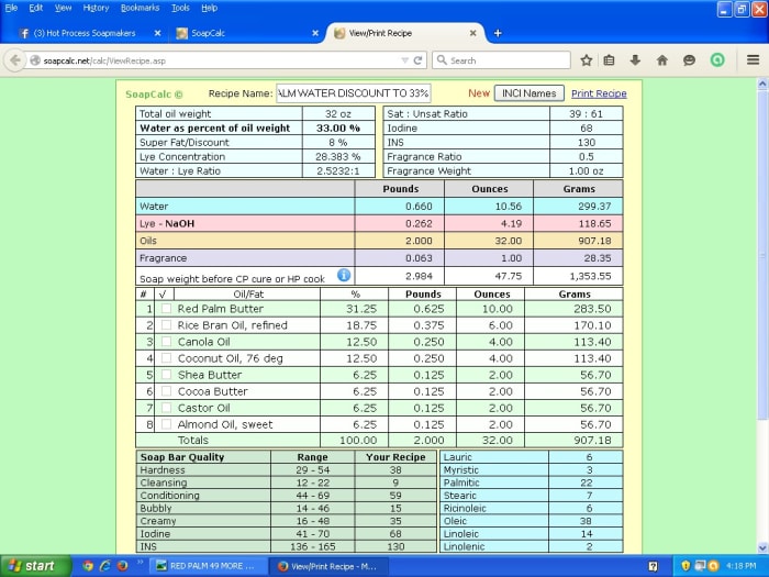 Screenshot of this recipe, showing more detailed information about the soap's properties, from SoapCalc, a popular online lye calculator