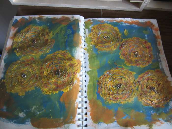 This journal is about my gardening and love of flowers. So I used acrylic paint and added some abstract flowers as a background