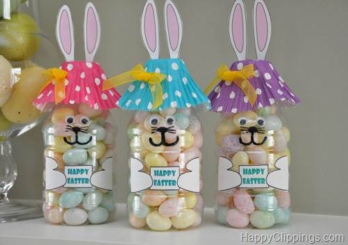 These Easter Bunny craft project is made with a small, plastic water bottle, a cupcake wrapper, and construction paper. Easy Easy Easy and Fun.