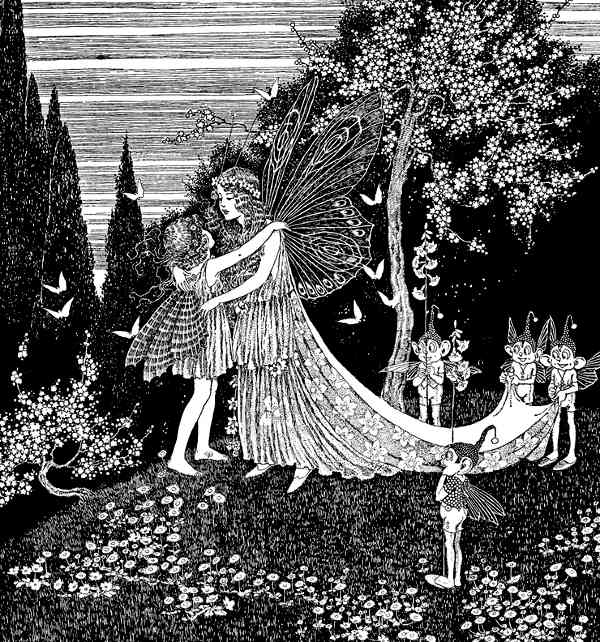 Here we show a portion of 'Nancy ran right into the arms of the Fairy Queen' - it is from Ida Rentoul Outhwaite's suite published in "The Little Fairy Sister" (1923).