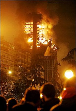 This is the Windsor Building in Madrid, Spain, that suffered a partial collapse of the upper 10 floors.