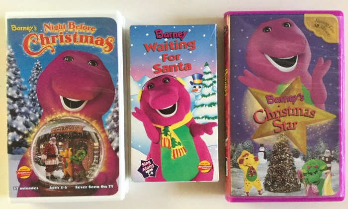 Here are three amazing Barney Christmas VHS videos, Waiting For Santa, Barney's Night Before Christmas, Star