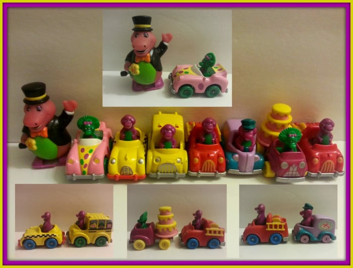 Barney, Baby Bop, and later BJ. Baby Bop's Birthday Mobile, Barney's School Bus, Barney's Firetruck, Barney's Utility Vehicle, Baby Bop's Roadster and more.