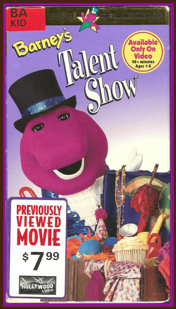 Here is a copy of Barney's Talent Show that I purchased many years ago at Hollywood Video, back during the golden age of VHS and video stores. The video was released on March 26, 1996.