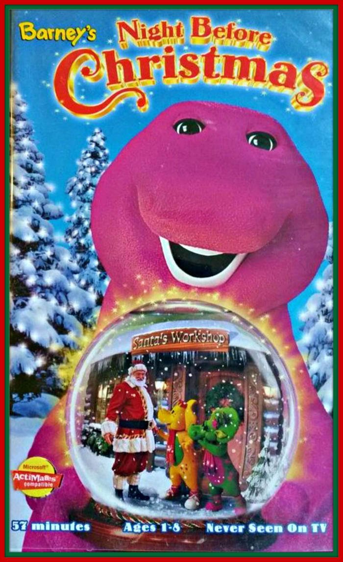 Barney's Night Before Christmas, 1999, Barney and friends take a trip to the North Pole to meet Santa ... Barney, Baby Bop, BJ and the kids take a musical journey to the North Pole where they are greeted as very special guests at Santa's Workshop.