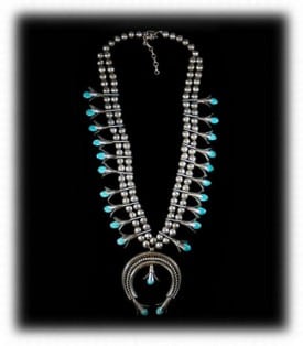 Vintage Navajo Squash Blossom necklace made between 1940-1960. Made with sterling silver. This is also a classic style that is still made today and very popular.