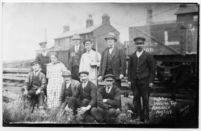 Staff at Ingleby Incline Top, 1928 - not long before the mines and line closed. Only calcine dust would be brought down for chemical processing by Imperial Chemical Industries (ICI) at Billingham and Wilton Works