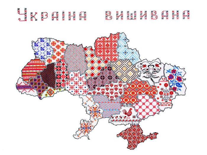 Map of Ukraine with each region's embroidery annotated