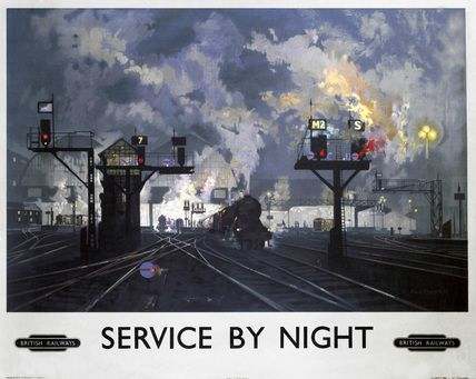 David Shepherd was another artist sought for poster work to advertise the railways' services. 'Service by Night' could equally apply to freight traffic to or from Hull on the main line