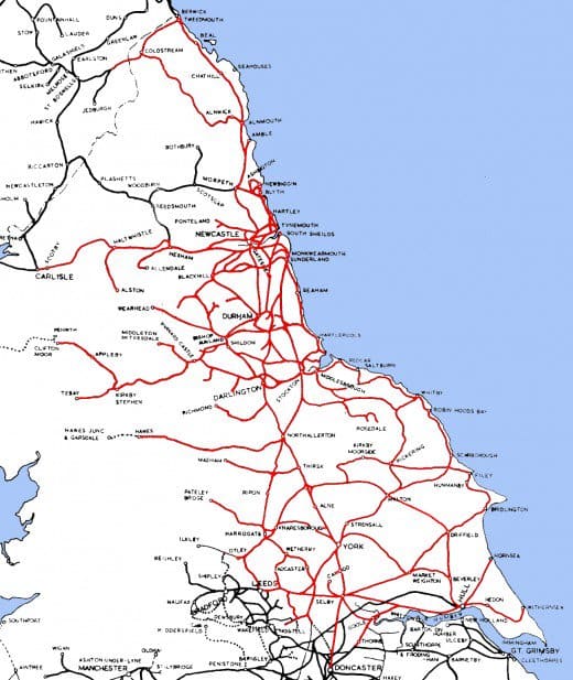 The network ran over in places into neighbouring regions' territories, some of the long 'fingers' have survived such as the Newcastle & Carlisle Railway as well as to Leeds City Station - shared with the Midland Region until privatisation in the 1990