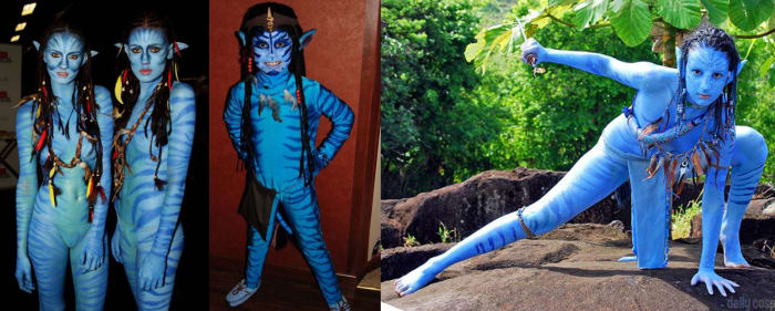 The ultimate blue costumes may well be those of the giant blue aliens called the Na'vi from the movie Avatar. These costumes are only suitable for the fit, since you will need to wear only blue body paint and a loin cloth.