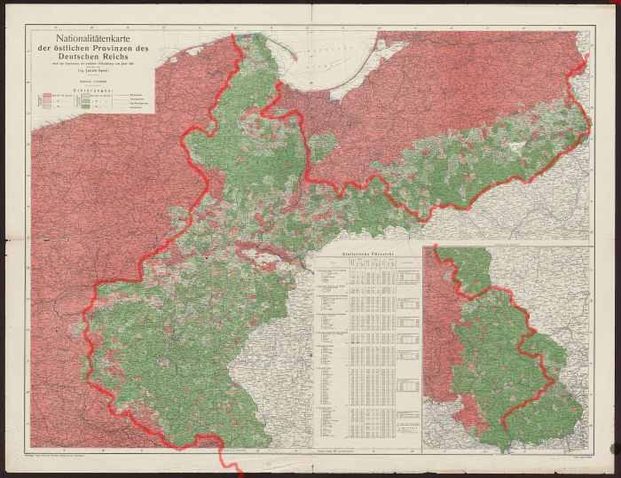 An ethnographic map of Germany/Poland, showing regions in red as possessing a German majority, and regions in Green as a Polish majority, both graduated by respective level of majority. The red line is the border between the two.