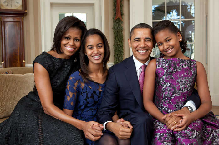 U.S. First Family in 2011 (left to Right): Michelle Obama, Malia Obama, Barack Obama, and Sasha Obama.