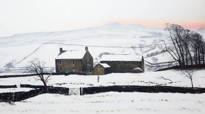 Low Birk Hatt, the farmhouse- left - and outbuildings set against a wintry sub-Pennine sky over Baldersdale