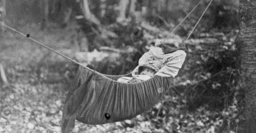 This is a Native American baby swing but the ones encountered by our unnamed poetess probably were made of birch bark and were more like suspended cradle boards.