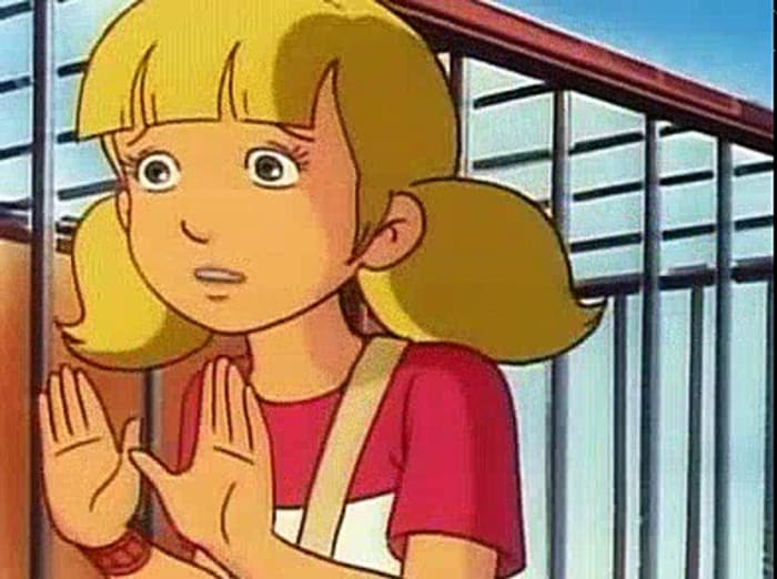 Inspector Gadget's niece Penny tries to warn him in this photo to not imitate the gorilla in the beginning of the episode "Old Man of the Mountain."