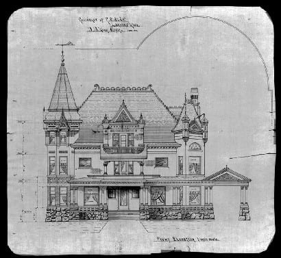 Moon's blueprint for Olds' residence, showing "Chateauesque" and European influences