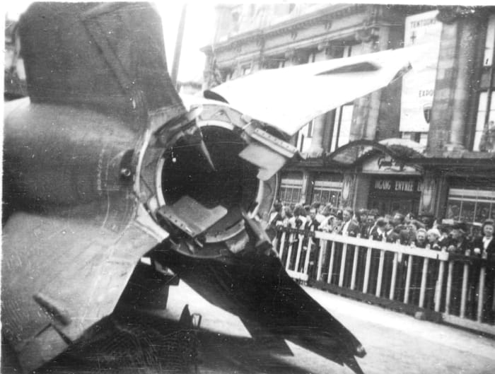Captured V-2 on public display in Antwerp, 1945. Antwerp would become a major target for V-2s during the Battle of the Bulge. The greatest loss of life from a single V-2 took place on December 16,1944, leaving 567 dead and 291 injured