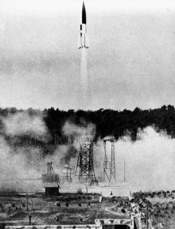A V-2 launched from Test Stand VII in the summer of 1943 at the Peenemunde rocket complex on the Baltic Coast in Northern Germany. The V-2 was the first man-made aircraft to reach space on June 20,1944.