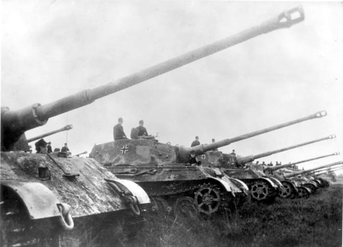 Tiger II tanks in formation for the Nazi German wartime-propaganda newsreel. Less than 500 Tiger II or King Tiger tanks were produced by the end of the war.