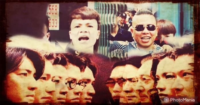 Kha Banh (above, left), Duong Minh Tuyen (top, right) and the staging movie character "People in dark society 4"
