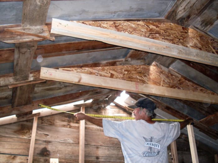 Measurements for materials were taken this way because of wooden blocks already attached to rafters. They were in the way of installing larger--and therefore better--braces. Do the best you can according to your situation. Yes, pic is out of order!