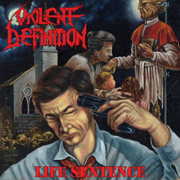 The album's cover shows a man trying to get rid of himself surrounded by a church in the background as a mother is with her two children surrounded by a priest.