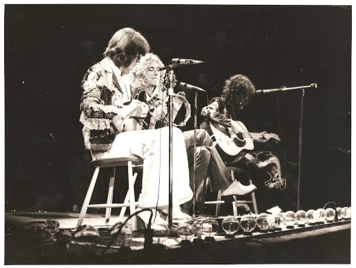 Jones, Plant and Page during the acoustic set, probably playing That's The Way, unknown date, Earl's Court 1975