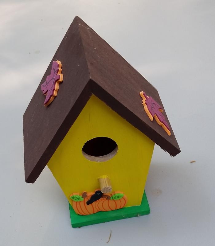 I found this miniature bird house at a craft store for $1. After a little paint and some autumn stickers, it's ready for the fairy (or ghost) garden.