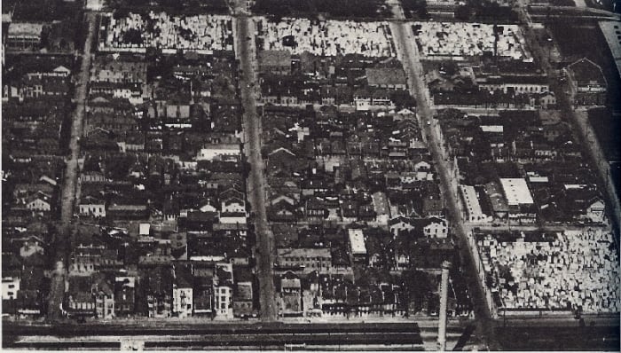 This remarkable photo of Storyville was taken from a hot air balloon. Bounded by two cemeteries, there wasn't a single building that didn't cater to prostitution.
