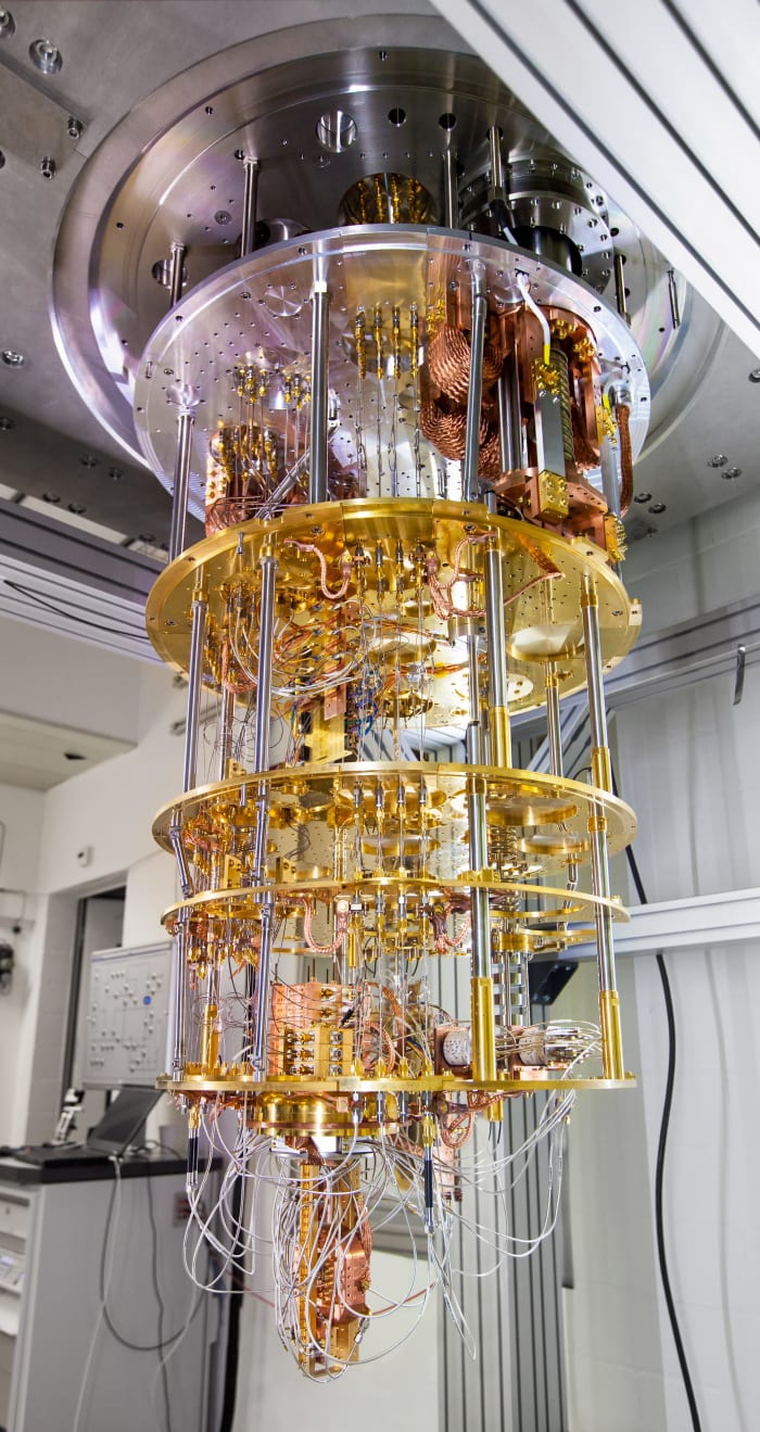 Quantum computer based on superconducting qubits developed by IBM Research in Zürich, Switzerland. The qubits in the device shown here will be cooled to under 1 kelvin using a dilution refrigerator.
