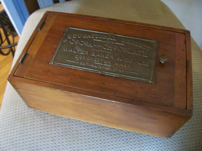 Walter Baker's Chocolate Exhibit Cocoa educational kit in a wood box.