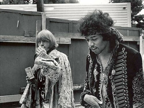 Brian Jones and Jimi Hendrix at the Monterey Pop Festival in June of 1967. Jones died in 1969 and Hendrix in 1970.Janis Joplin and Jim Morrisson also played in this concert dubbed as the beginnings of the Summer of Love