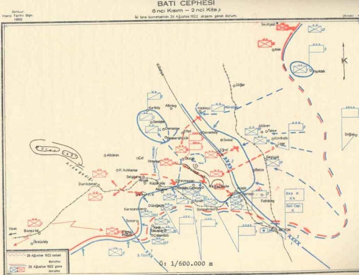 The battle map showing how the Greeks were becoming surrounded in their dire situation.Blue symbols are Greek.