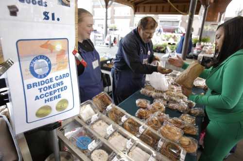 In this Sept. 11, 2010 file photo, Temeka Williams, right, of Detroit, uses her EBT/Bridge Card tokens for a purchase from Elizabeth and Gary Lauber from Sweet Delights at the Farmer’s Market in Detroit. The temporary increase in food stamps also kno