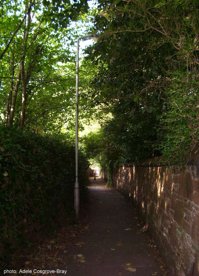 A quiet lane leading from Ashton Park to Grange Road. Either turn left to arrive back at the train station, or cross the road to Darmond's Green.